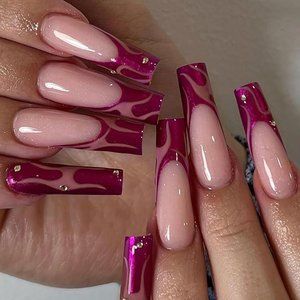 Coffin Press on Nails Pink French Shiny Rhinestone